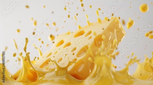 A block of Swiss cheese is dunked into a vat of melted cheese.