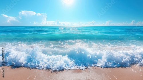 beach vacation, sandy beach with bright blue ocean waves and clear sky, a perfect summer paradise background photo