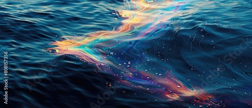 Chemical oil spill with iridescent sheen on water surface photo
