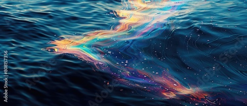 Chemical oil spill with iridescent sheen on water surface