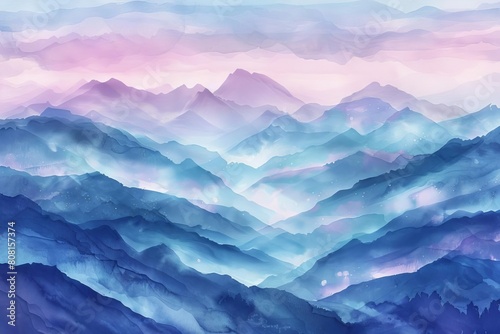 enchanting watercolor landscape of mountains protected by ozone layer conceptual illustration