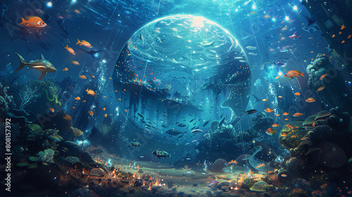 An underwater realm where the sea is a mirror reflecting countless worlds, marine creatures from different dimensions coexist, and the water itself is a fluid boundary between realities,  photo