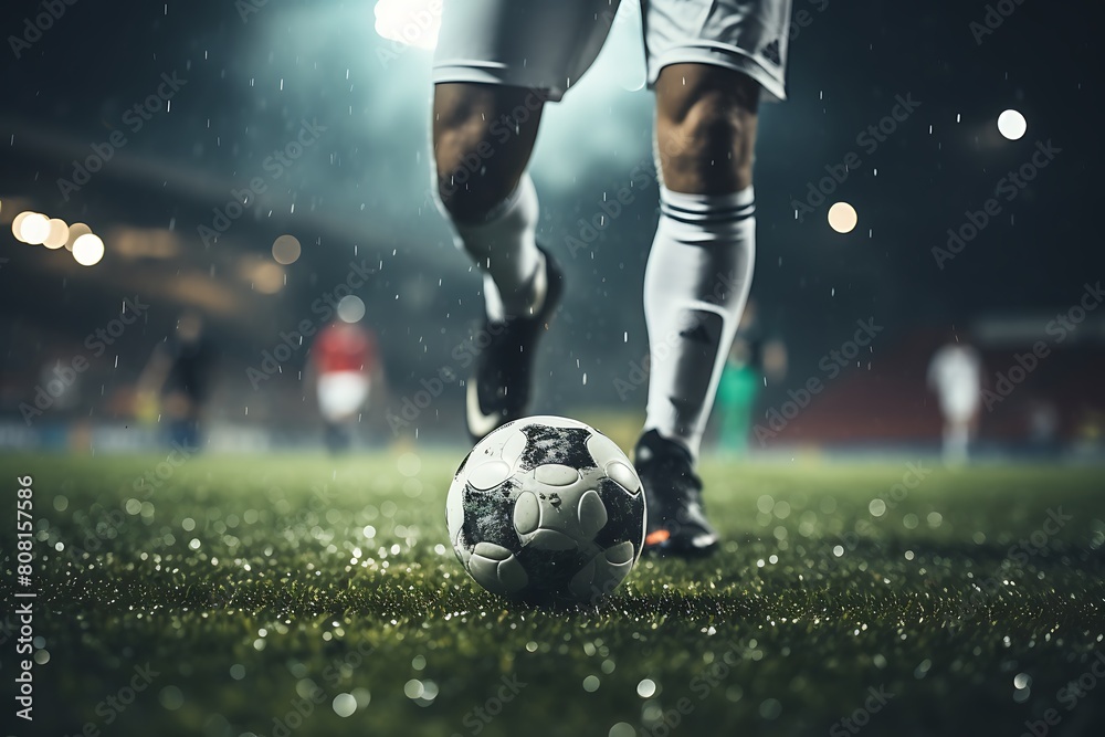 Soccer player in action kicking the ball on the field at night