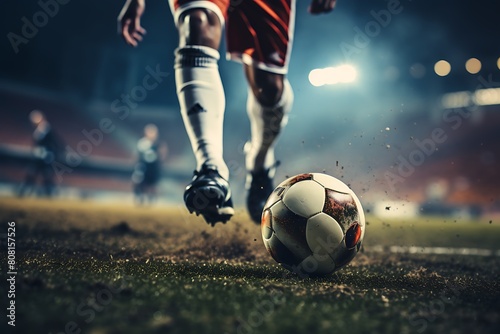 Soccer player in action kicking the ball on the field at night © Creative