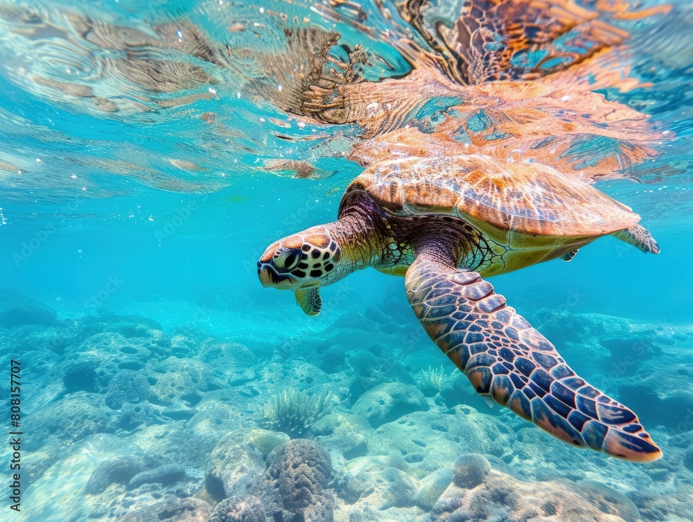 Fototapeta premium Sea turtle swimming in clear blue water, marine life.
