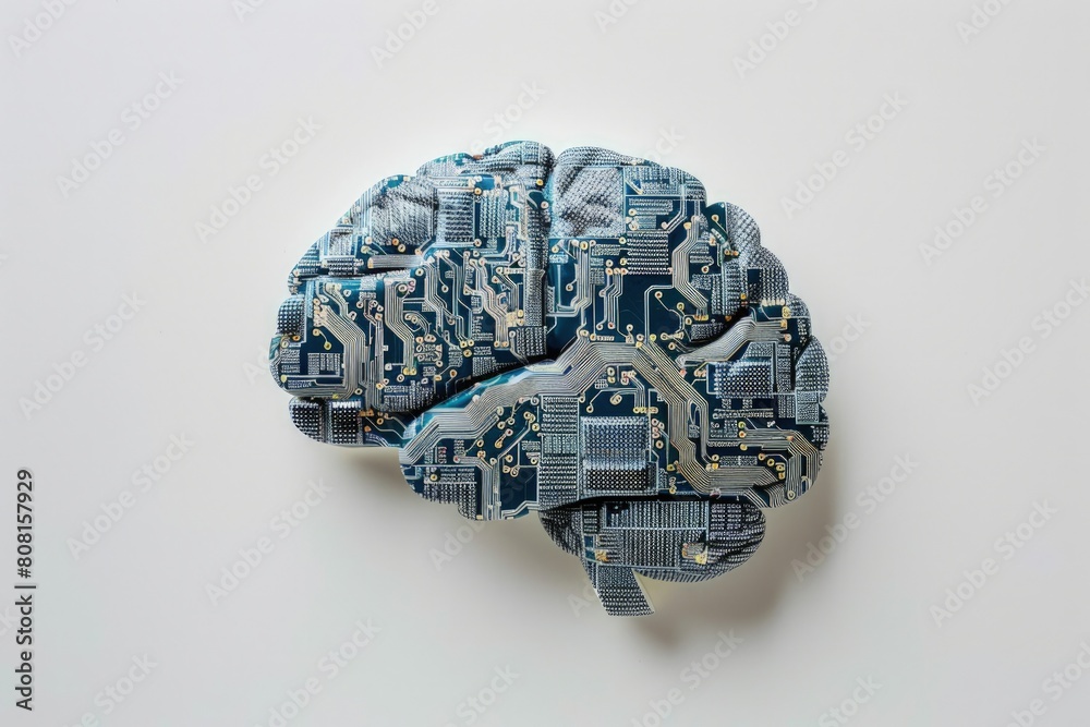 Human brain made from circuit board, artificial intelligence and technology concept, white background.