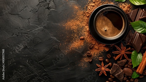  Cup of coffee on black background with coffee beans, cinnamon, and star anise
