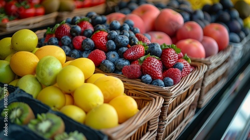 Wicker baskets filled with fresh fruits including berries and citrus
