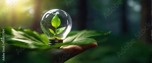 Outdoor Tropical senior travel and camping alone at natural park in Thailand. Recreation and journey outdoor activity lifestyle, Hand holding light bulb against nature on green leaf with energy source