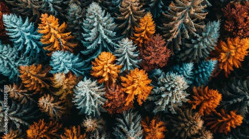   A tight shot of trees with intermixed orange and blue foliage on their branchy middles