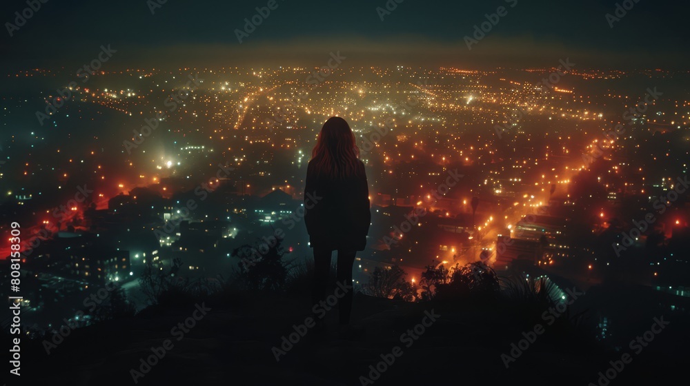 A person atop a hill gazes at a city, illuminated by nighttime lights A person atop a hill gazes at a city, illuminated by nighttime lights