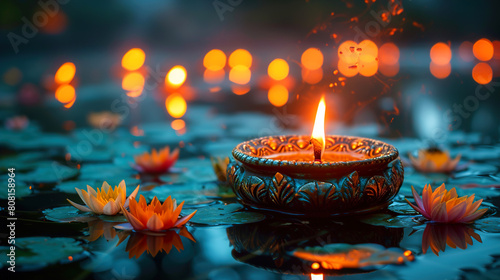 Happy Diwali festival with colorful oil lamps and glowing lights background © A-Himu