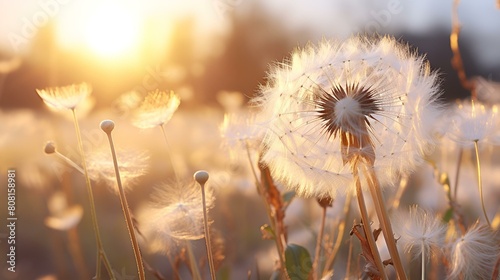 Vector illustration of dandelions in field at sunset