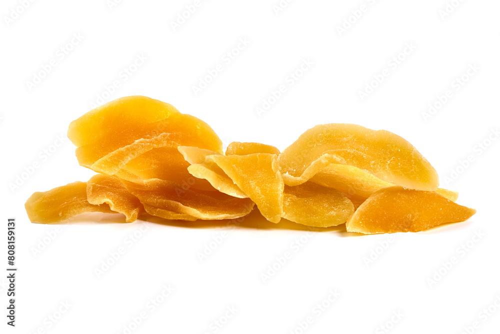 Dried mango pieces, isolated on white background Dried mango pieces, isolated on white background