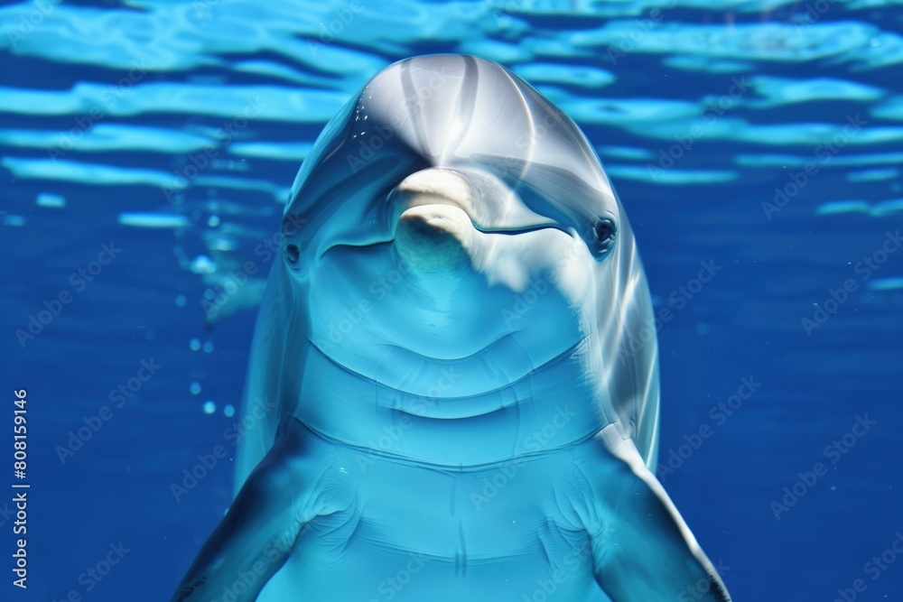 Naklejka premium Smiling white dolphin in blue water, marine mammal.