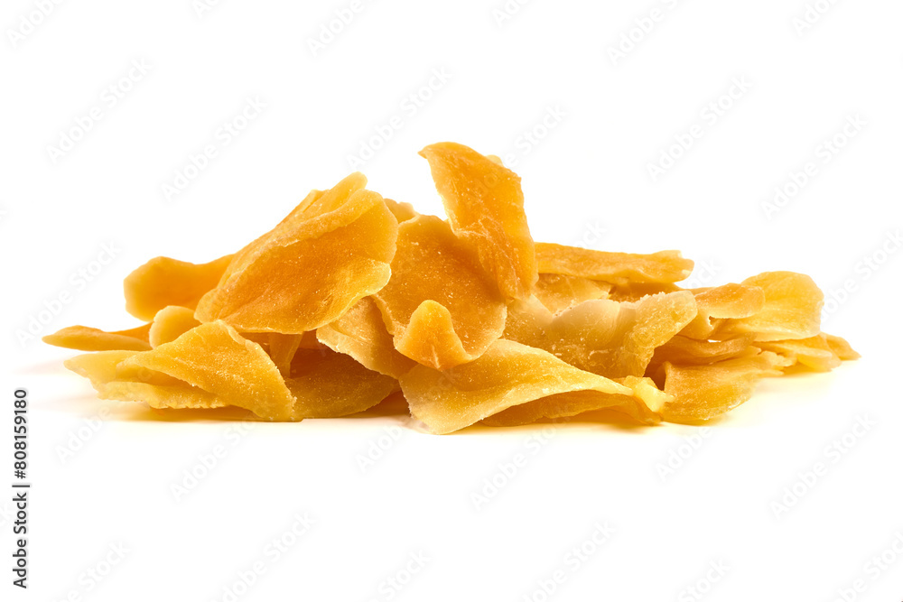 Dried mango pieces, isolated on white background Dried mango pieces, isolated on white background