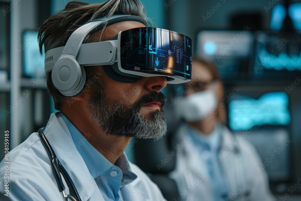 Doctor interacting with a holographic patient, showcasing futuristic healthcare Doctor interacting with a holographic patient, showcasing futuristic healthcare