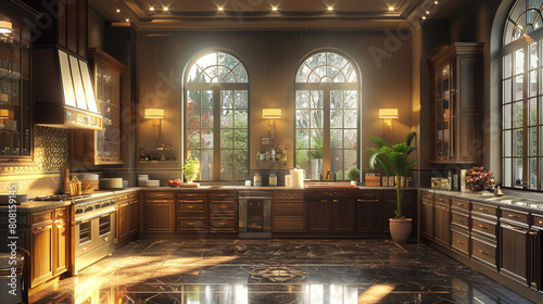 Lavish kitchen interior  accentuated by exquisite lighting arrangements  exuding sophistication.