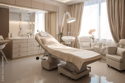 Interior of a modern spa room with a bed and a table