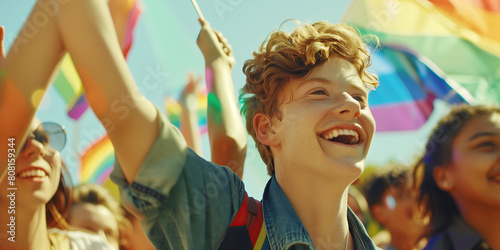 Pride Month concept. Close up portrait of happy young men looking up during the parade for lgbt+ rights in New York. Banner style. Outdoor shot