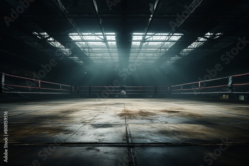 Empty professional boxing ring in an arena setting, prepared for intense matches photo