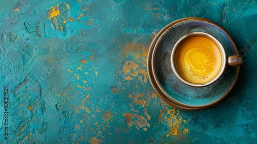   A cup on a saucer atop a blue tablecloth; the saucer and cup unmarred, whereas the cloth is splattered with yellow paint
