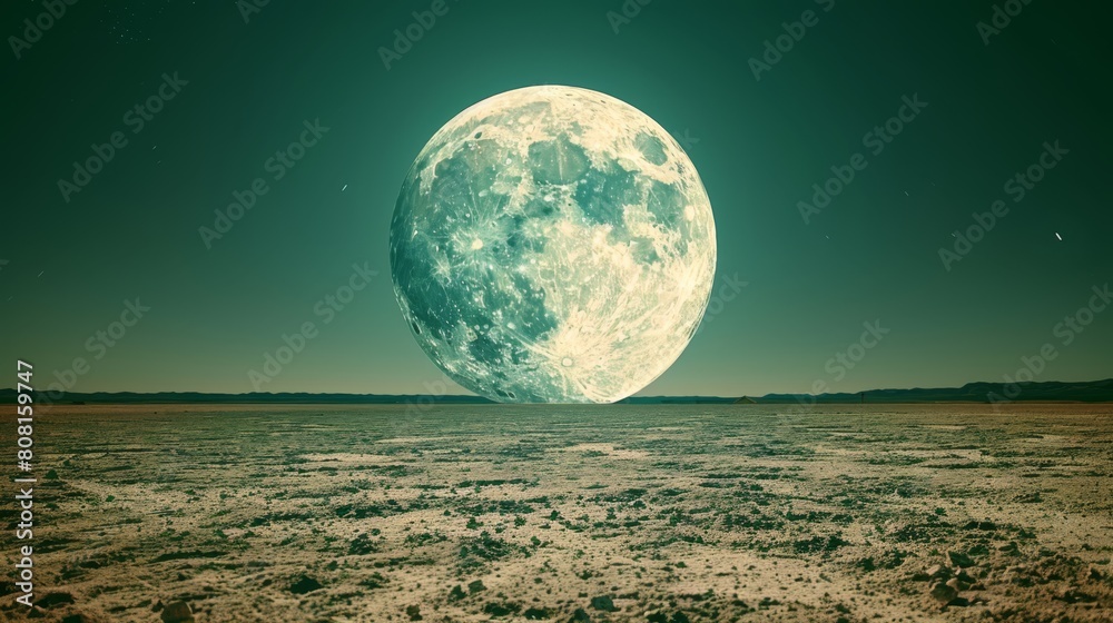   A full moon dominates the night sky over a desert landscape, dotted with sparse grasses and scattered plants on the arid ground
