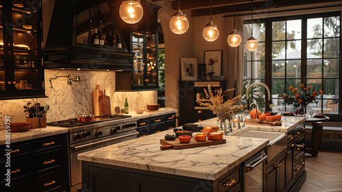 Marble-topped island, bathed in pendant light, fostering culinary camaraderie.