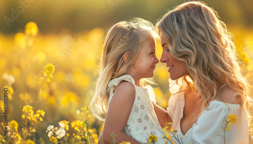 Mother and daughter playing in the meadow with flowers on a sunny summer or spring day 