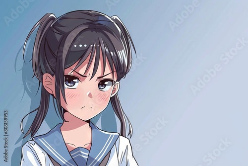 annoyed anime school girl with pigtailed hair slice of life character illustration manga style photo