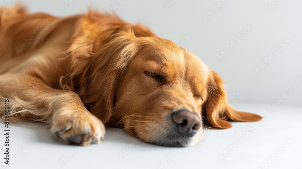 A tight shot of a dog reclining on a pristine white surface, head supported by paws, eyes shut A tight shot of a dog reclining on a pristine white surface, head supported by paws, eyes shut