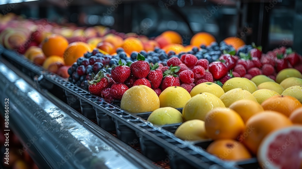 Vibrant display of fresh fruits at a market stall.