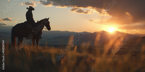 Wild West concept. Full length portrait of a cowboy riding his bay horse. Vast view to prairie with mountains. Evening time. Text space. Cinematic retro  vintage style.  Outdoor shot