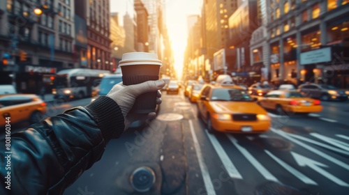   A person, amidst a bustling city street, holds up a steaming cup of coffee as taxis and cabs whizz by photo