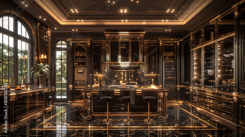 Opulent kitchen interior, accentuated by chic internal lighting elements, unparalleled elegance. photo