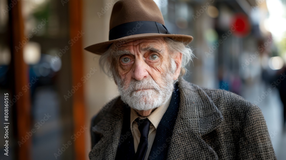 A tight shot of someone in a suit and fedora The image features a well-dressed individual donning a suit jacket, tie, and a fedora hat A tight shot of someone in a suit and fedora The image features a well-dressed individual donning a suit jacket, tie, and a fedora hat
