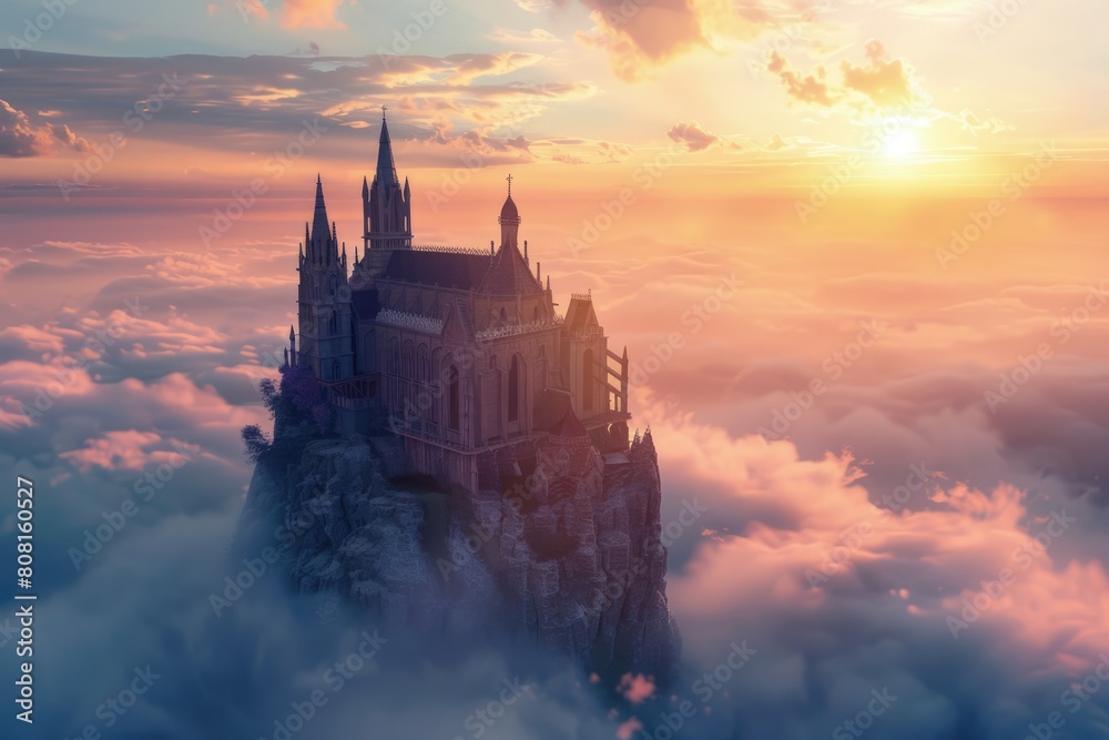 Medieval castle on a rocky hill, clouds and sunset in the background, fantasy concept.