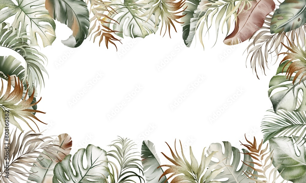 Tropic leaf frame, green exotic flowers jungle plants. Floral banners with watercolor tropical leaves. Nature with banana and monstera foliage, forest palm, sale posters and wedding cards.