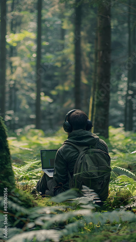 Ultra Realistic Freelancer Editing Environmental Documentaries Concept in the Forest Clearing Surrounded by Nature's Calm