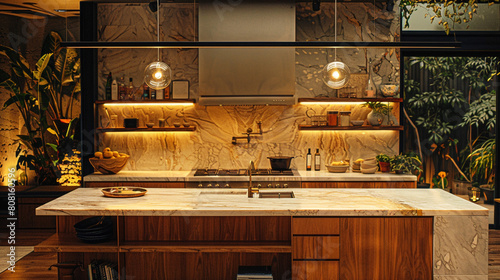 Pendant-lit marble island, culinary nexus for shared meals and memories.