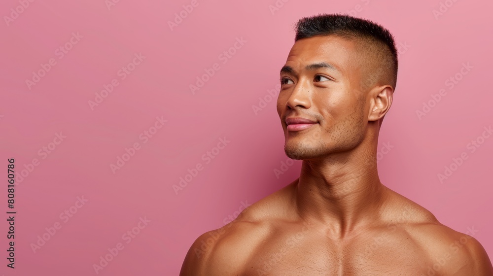 A man, bare-chested, stands before a pink wall, tilting his head to the side A man, bare-chested, stands before a pink wall, tilting his head to the side