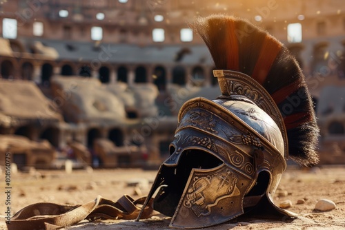 Helmet of a gladiator on the floor of an arena, coliseum in the background, concept of history and fantasy.