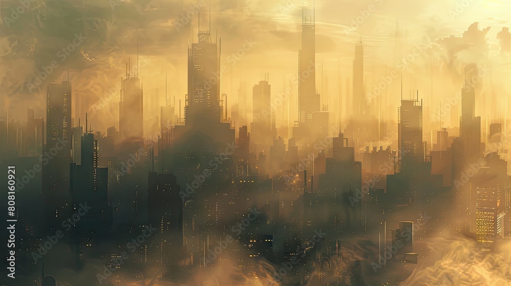 Fototapeta premium A poignant digital painting sheds light on the bleak outlook of an urban ecosystem falling prey to the smog and smoke caused by widespread industrialization and heavy traffic