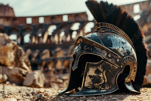 Helmet of a gladiator on the floor of an arena, coliseum in the background, concept of history and fantasy.