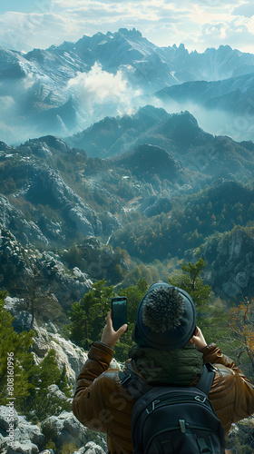 World Green Day: Hiker Capturing Breathtaking Mountain Views with Smartphone, Emphasizing Untouched Landscapes