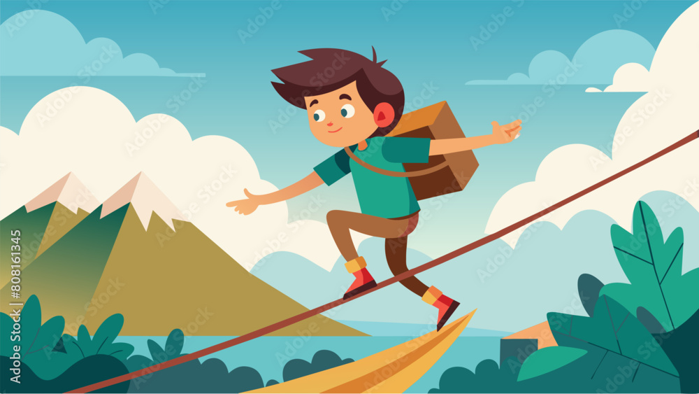 A young adventurer carefully navigating their way across a tightrope with the help of a guide.. Vector illustration