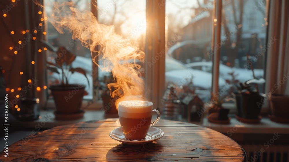 A cup of coffee atop a weathered wooden table, before a large window draped with snow A cup of coffee atop a weathered wooden table, before a large window draped with snow