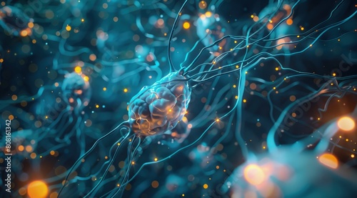 Neural network with neurons and brain cells on a dark blue background, concept of artificial intelligence, mental activity