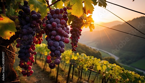 A cluster of ripe grapes hangs from a vine in a vineyard, ready for harvest
