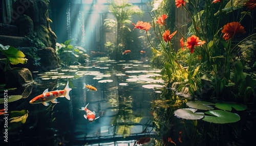 A fish pond teeming with water lilies creating a vibrant and lively scene photo